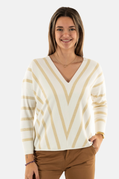 Pull hiver only new aya medium grey melange w cloud dancer stripes and gol main product photo