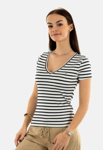 Tee shirt tommy jeans slim essential r 0fc ecru / navy stripe