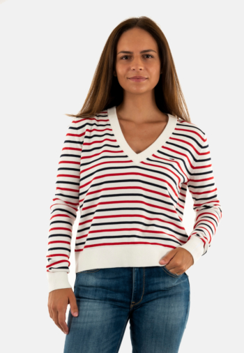 Pull leger tommy jeans essential vneck 0fg white / red / navy stripe
