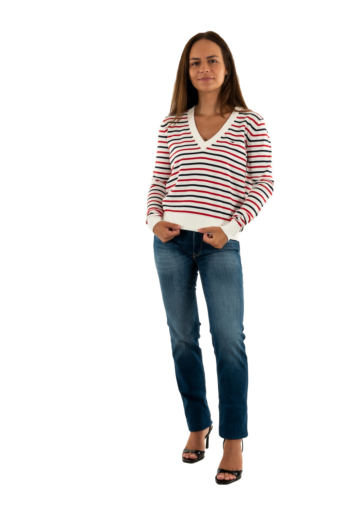 Pull leger tommy jeans essential vneck 0fg white / red / navy stripe