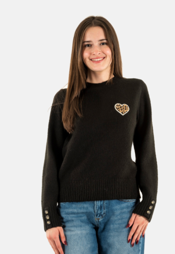 Pull hiver only lauren black leo heart/birch outline/bone button