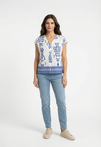 Chemisier manches courtes only morrison cloud dancer blue ikat