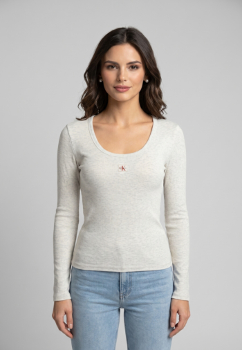 Tee shirt manches longues calvin klein jeans woven label p74 snow heather