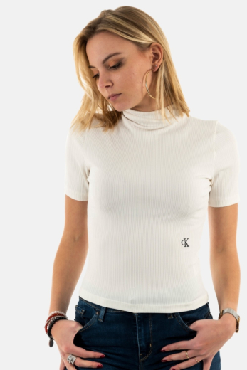 tee shirt calvin klein jeans shiny rib high neck blanc
