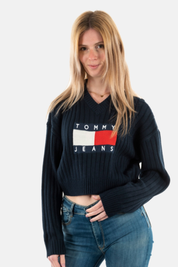 Pull hiver tommy jeans vnck center flag c1g dark night navy