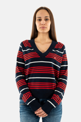 Pull hiver tommy jeans vneck stripe c1g dark night navy / stripe
