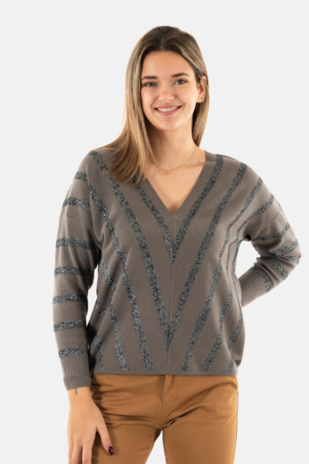 Pull hiver only new aya medium grey melange w black stripes and silver gli