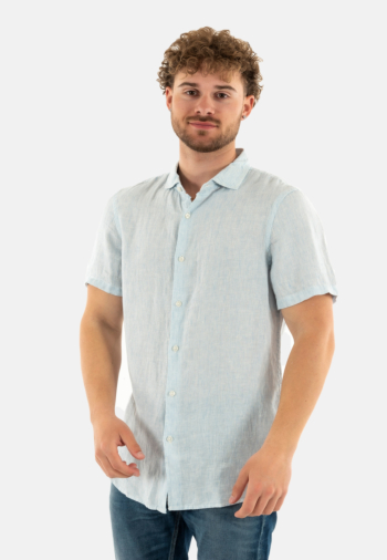 Chemise manches courtes superdry vacation linen s/s f5q sky blue ticking linen