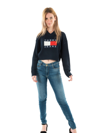 Pull hiver tommy jeans vnck center flag c1g dark night navy