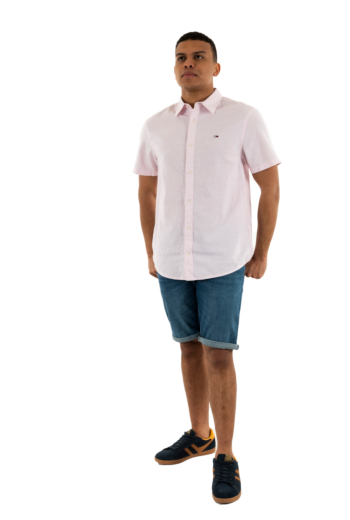 Chemise manches courtes tommy jeans reg linen blend 0d3 precious pink / ecru