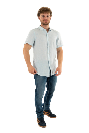 Chemise manches courtes superdry vacation linen s/s f5q sky blue ticking linen
