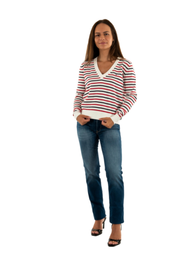 Pull leger tommy jeans essential vneck 0fg white / red / navy stripe
