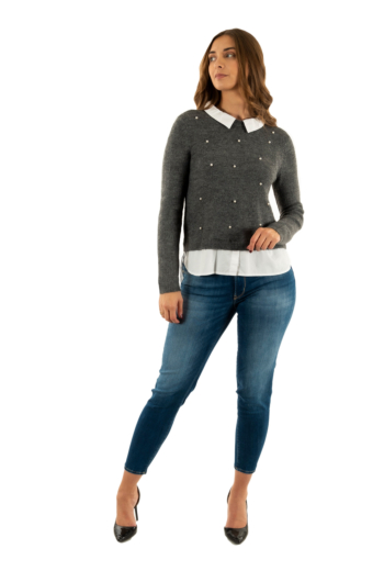 Pull hiver only dolly medium grey melange w. cloud dancer woven mix